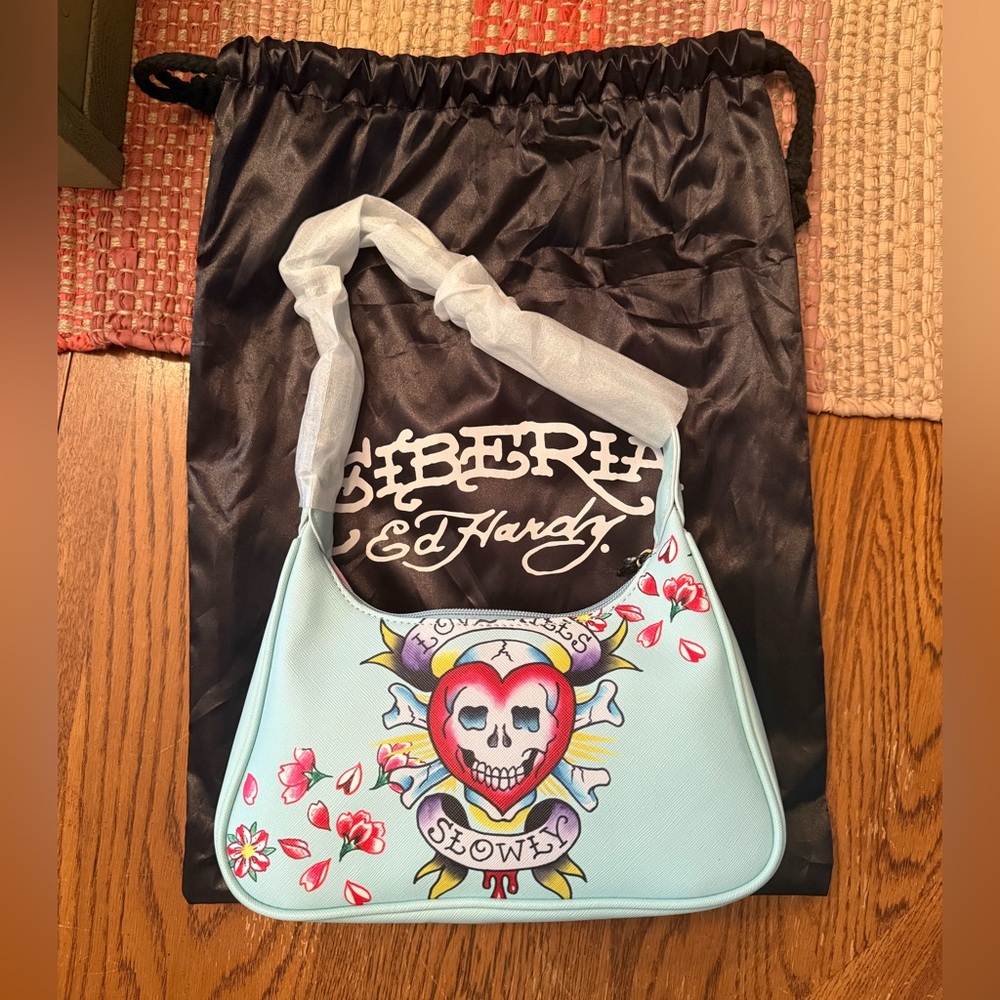 Ed Hardy Light Blue and Pink Shoulder Bag with Artistic Design includes Dust Bag